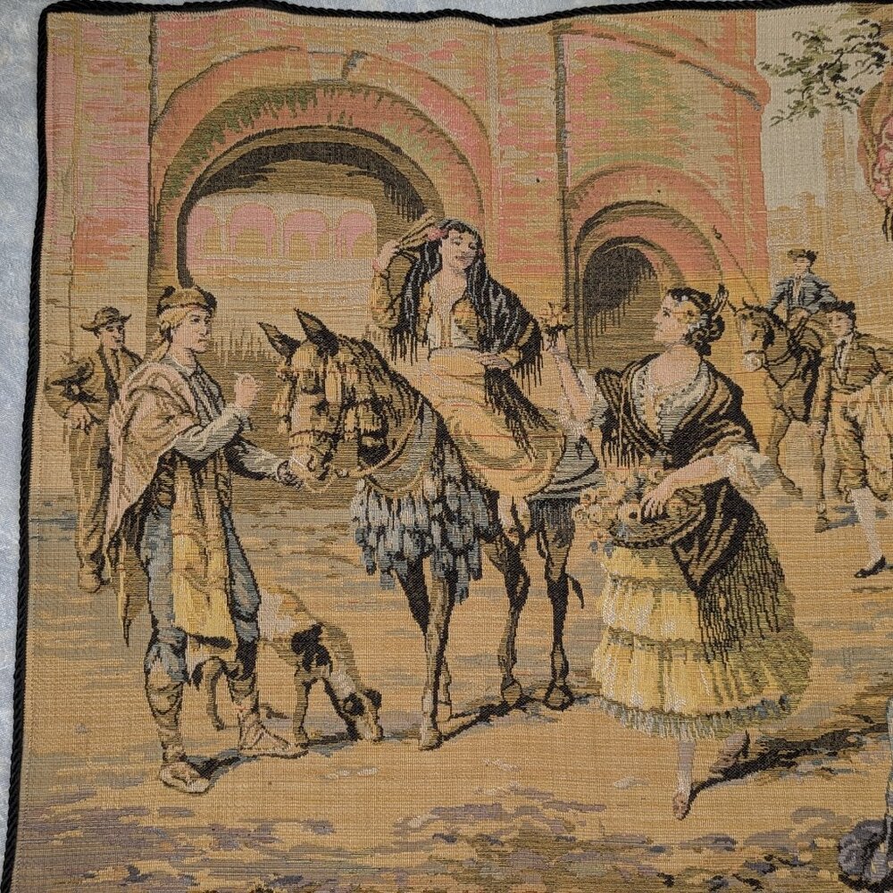 Woven Tapestry Spanish Street Scene Flamenco Dancers Horse Dog Made in Belgium 1